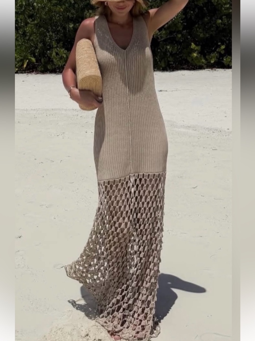 H&M EDITION luxurious Beige cream Knit Maxi Dress with Crochet hollow Hem - Picture 1 of 4